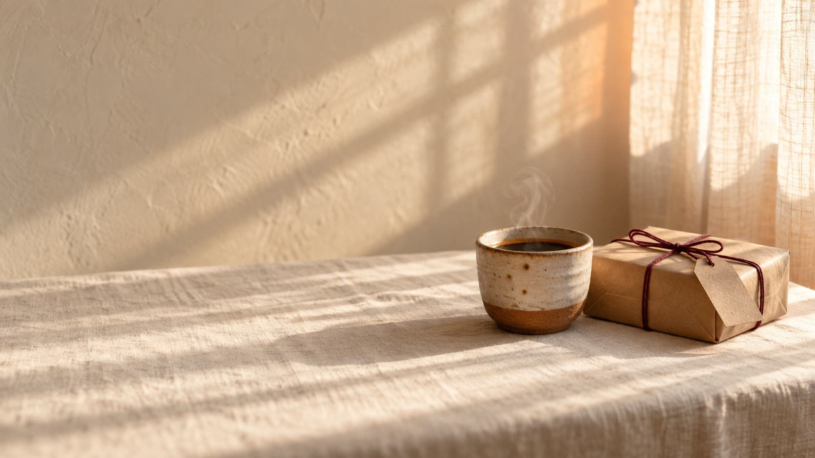 Tách cà phê nóng và gói quà giấy kraft buộc dây đỏ bên cửa sổ nắng sớm